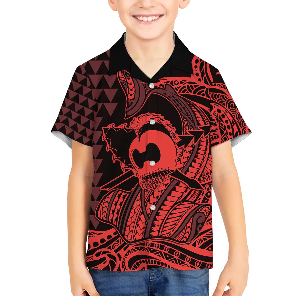 Koa Ikaika Warrior Helmet with Shark Family Matching Off The Shoulder Long Sleeve Dress and Hawaiian Shirt Red Kakau Style LT9 Son's Shirt Red - Polynesian Pride