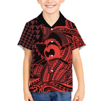 Koa Ikaika Warrior Helmet with Shark Family Matching Off The Shoulder Long Sleeve Dress and Hawaiian Shirt Red Kakau Style LT9 Son's Shirt Red - Polynesian Pride