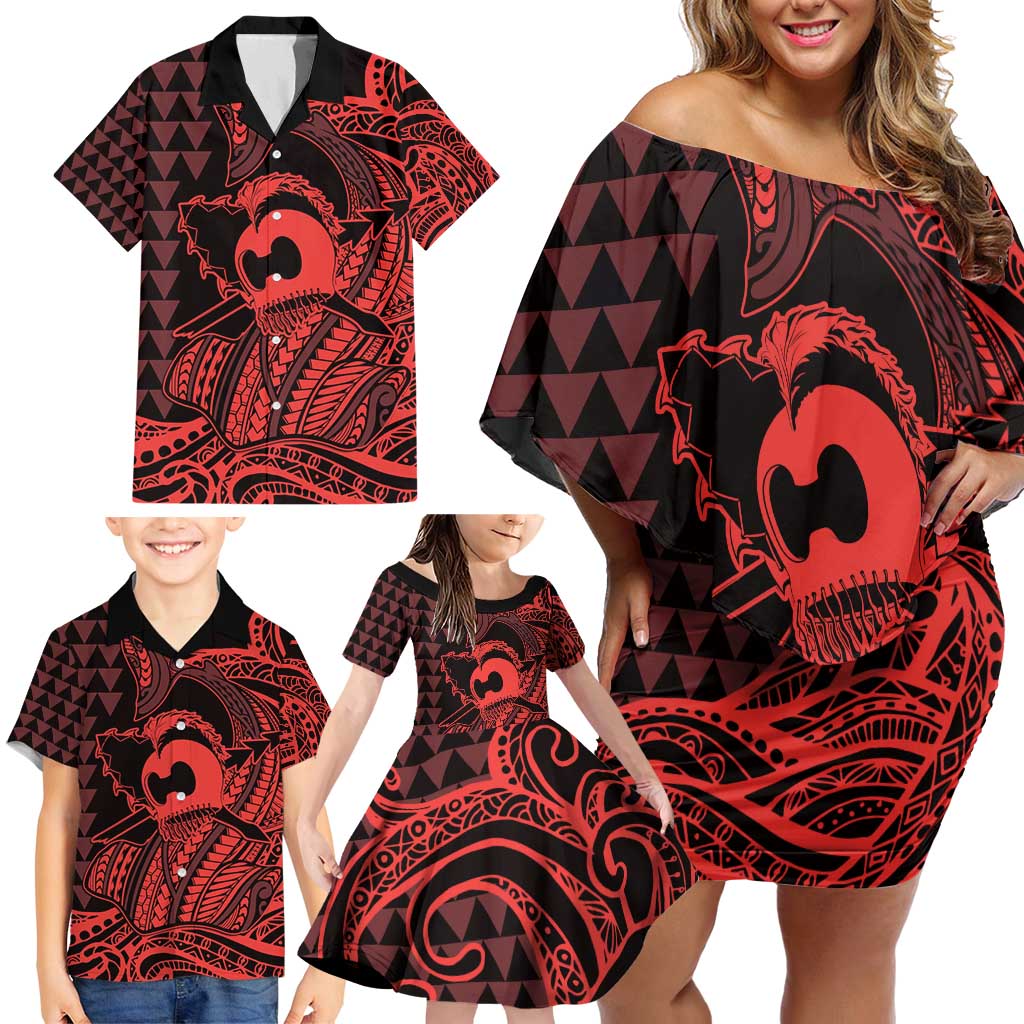 Koa Ikaika Warrior Helmet with Shark Family Matching Off Shoulder Short Dress and Hawaiian Shirt Red Kakau Style