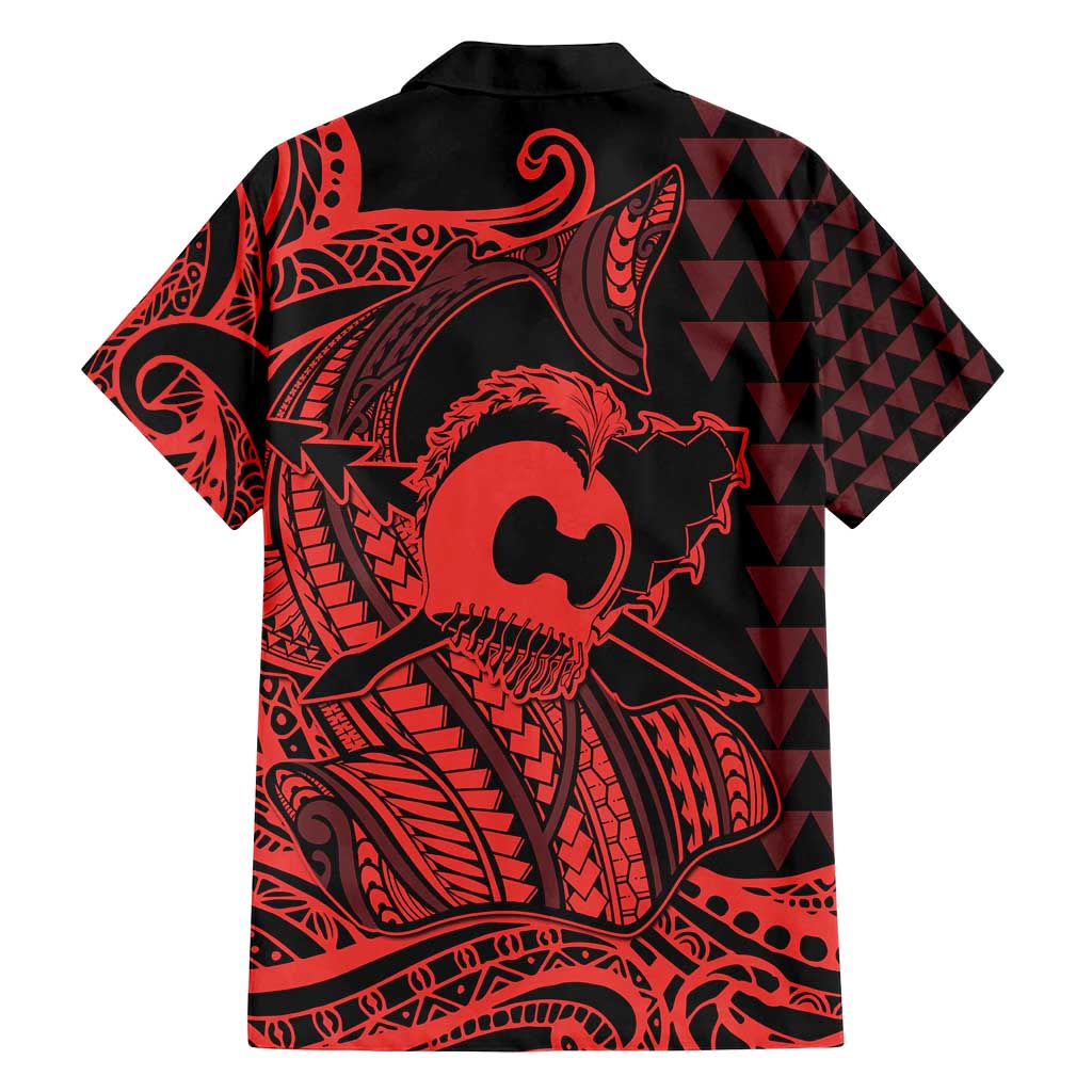 Koa Ikaika Warrior Helmet with Shark Family Matching Off Shoulder Short Dress and Hawaiian Shirt Red Kakau Style