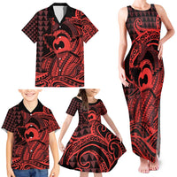 Koa Ikaika Warrior Helmet with Shark Family Matching Tank Maxi Dress and Hawaiian Shirt Red Kakau Style