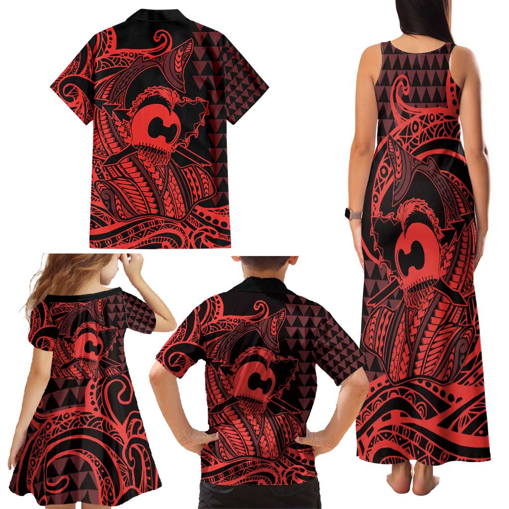 Koa Ikaika Warrior Helmet with Shark Family Matching Tank Maxi Dress and Hawaiian Shirt Red Kakau Style