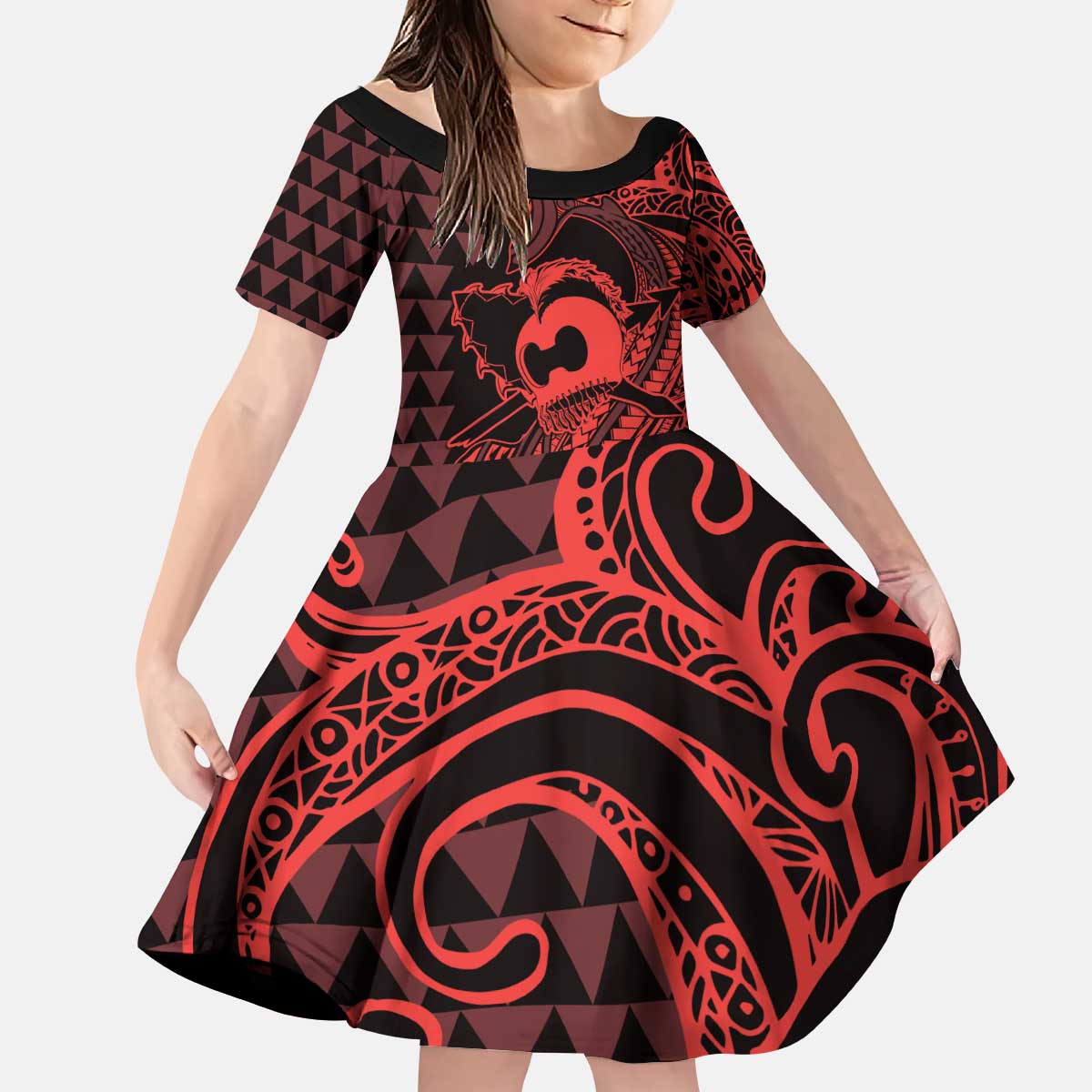 Koa Ikaika Warrior Helmet with Shark Kid Short Sleeve Dress Red Kakau Style