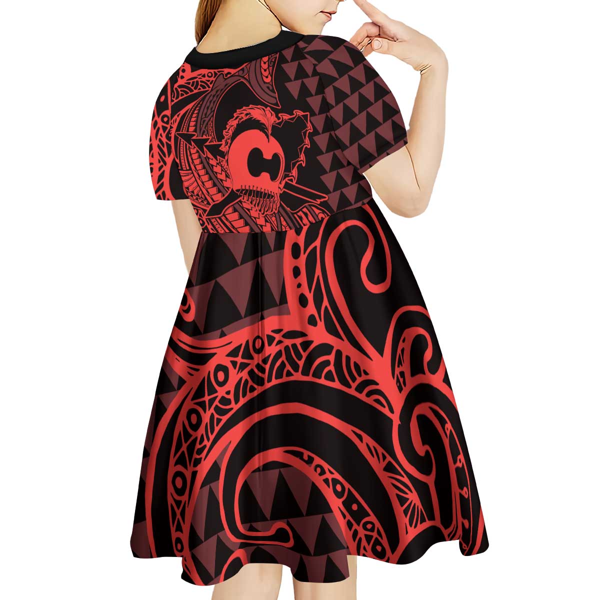 Koa Ikaika Warrior Helmet with Shark Kid Short Sleeve Dress Red Kakau Style