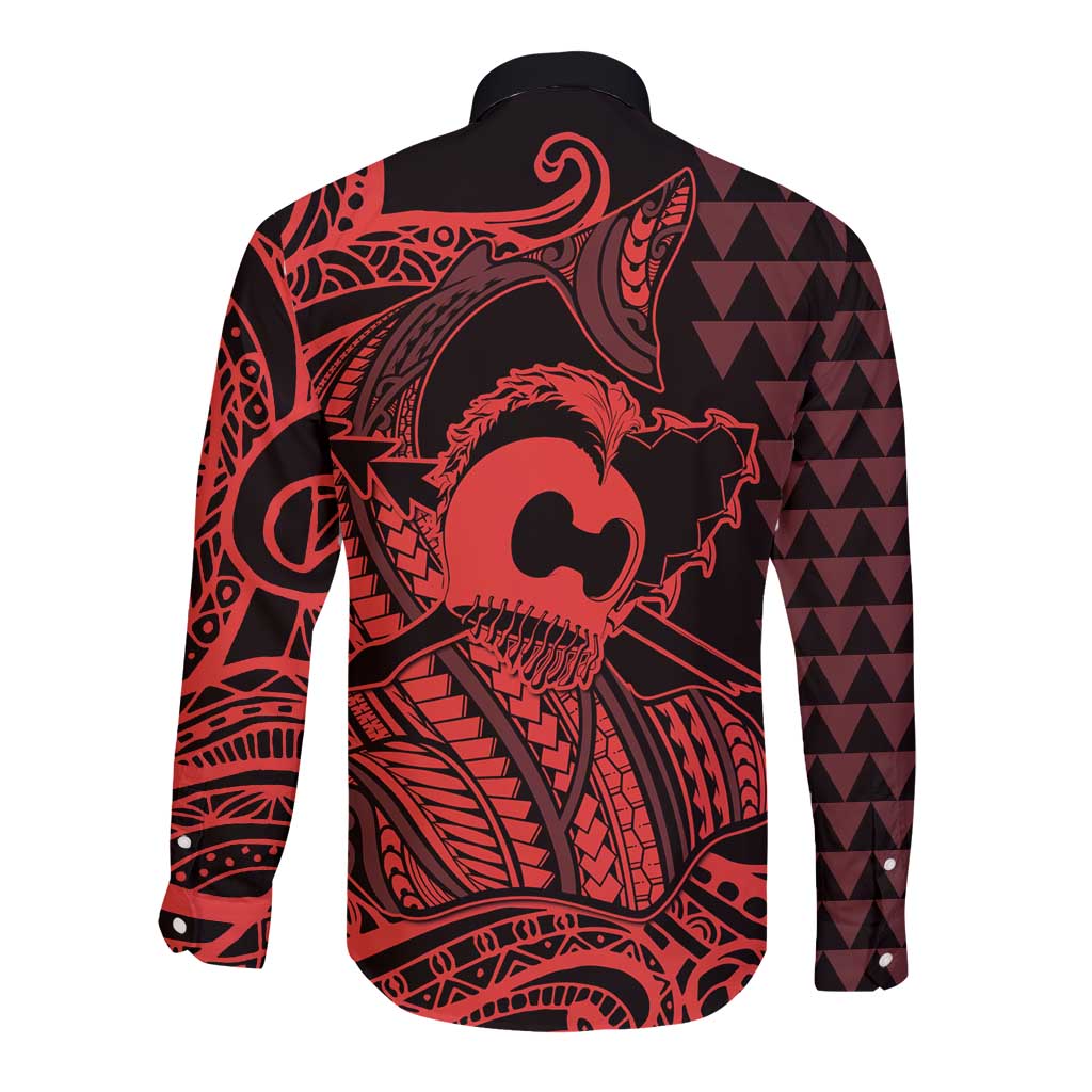 Koa Ikaika Warrior Helmet with Shark Long Sleeve Button Shirt Red Kakau Style