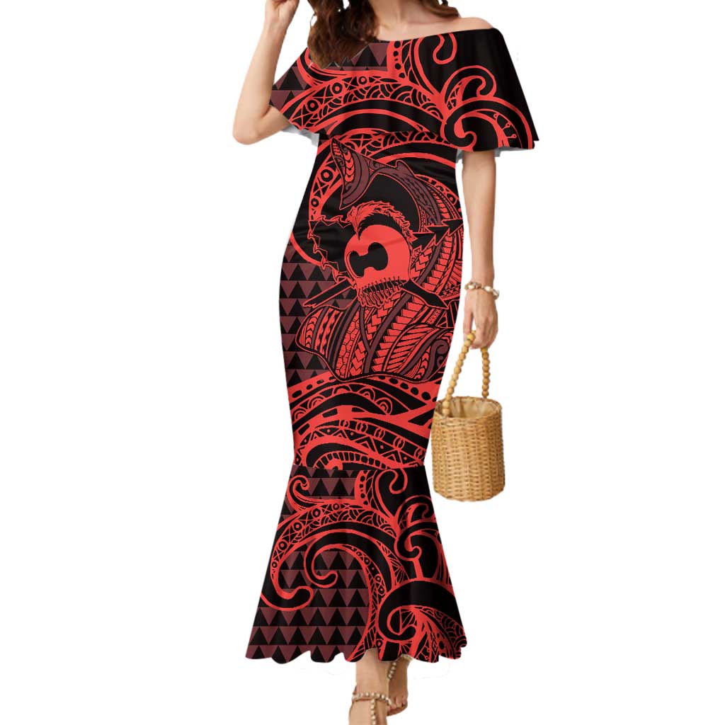 Koa Ikaika Warrior Helmet with Shark Mermaid Dress Red Kakau Style