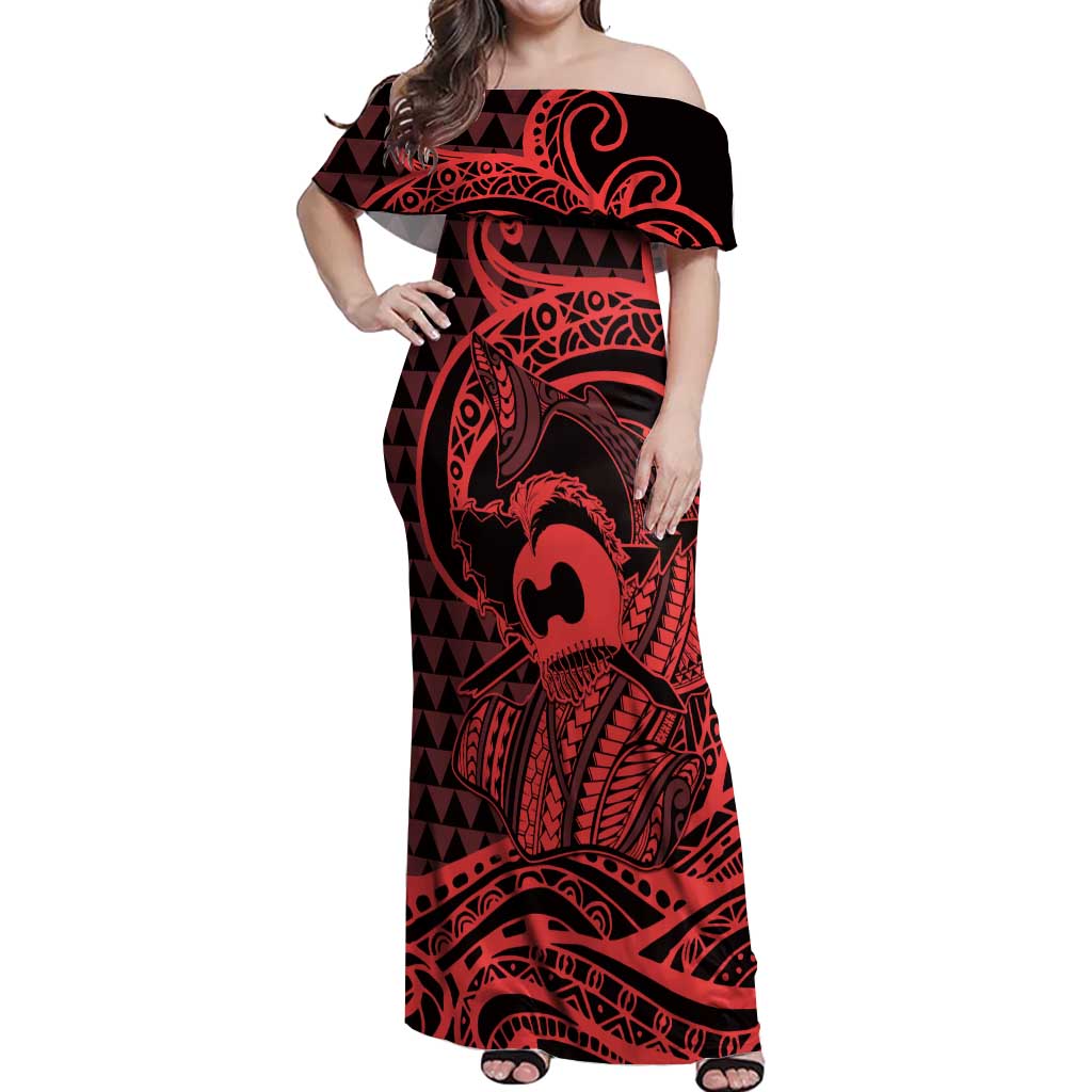 Koa Ikaika Warrior Helmet with Shark Off Shoulder Maxi Dress Red Kakau Style