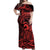 Koa Ikaika Warrior Helmet with Shark Off Shoulder Maxi Dress Red Kakau Style