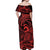 Koa Ikaika Warrior Helmet with Shark Off Shoulder Maxi Dress Red Kakau Style