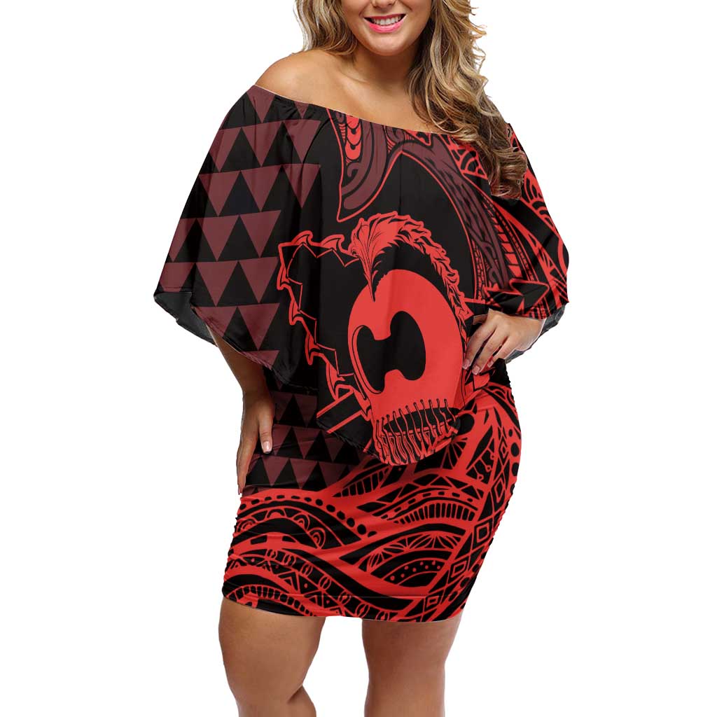 Koa Ikaika Warrior Helmet with Shark Off Shoulder Short Dress Red Kakau Style