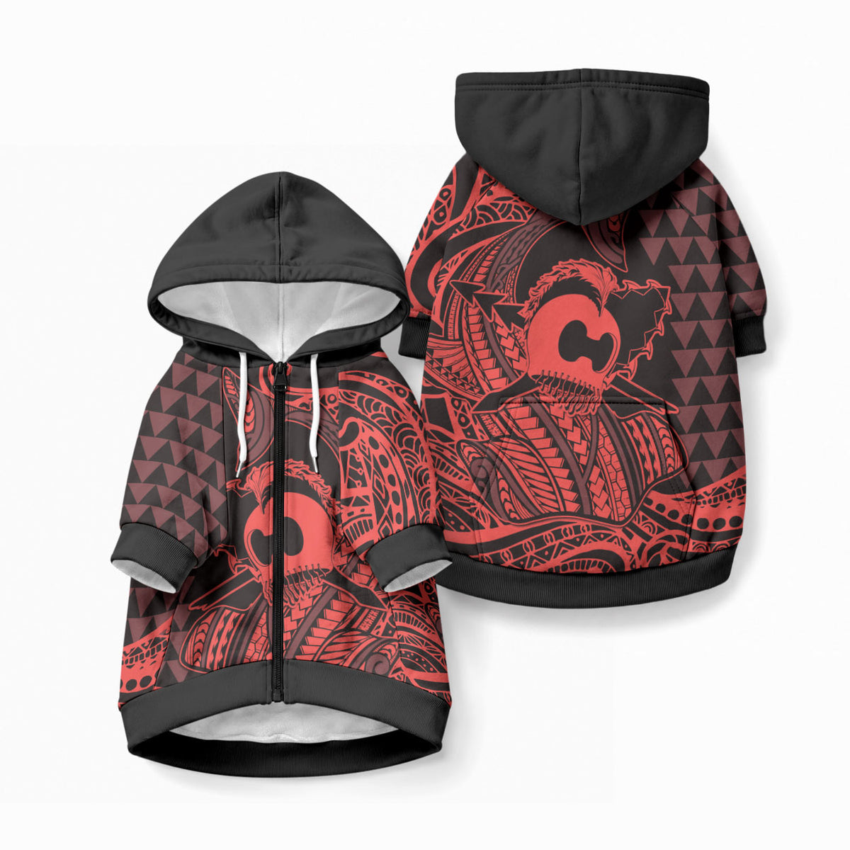 Koa Ikaika Warrior Helmet with Shark Pet Hoodie Red Kakau Style LT9 Zip-up Red - Polynesian Pride