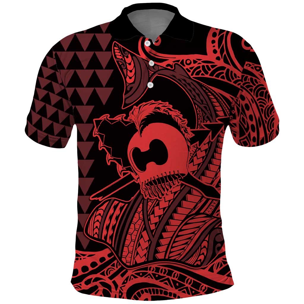 Koa Ikaika Warrior Helmet with Shark Polo Shirt Red Kakau Style LT9 Red - Polynesian Pride