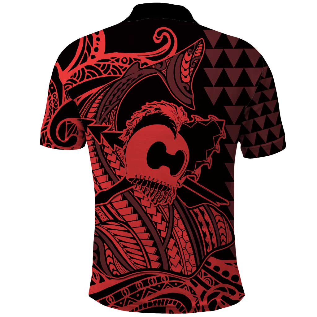 Koa Ikaika Warrior Helmet with Shark Polo Shirt Red Kakau Style LT9 - Polynesian Pride