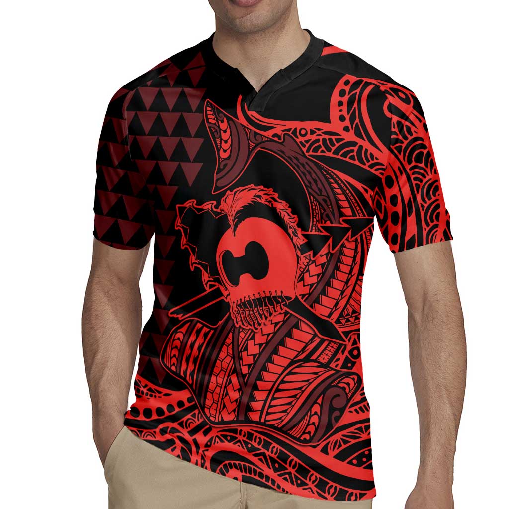 Koa Ikaika Warrior Helmet with Shark Rugby Jersey Red Kakau Style