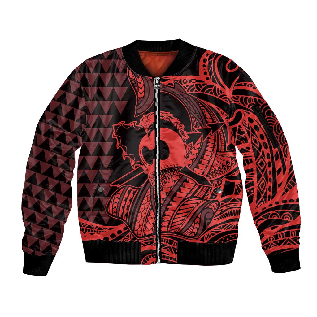 Koa Ikaika Warrior Helmet with Shark Sleeve Zip Bomber Jacket Red Kakau Style