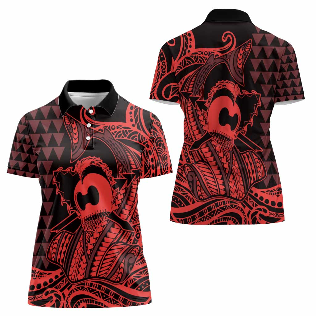 Koa Ikaika Warrior Helmet with Shark Women Polo Shirt Red Kakau Style