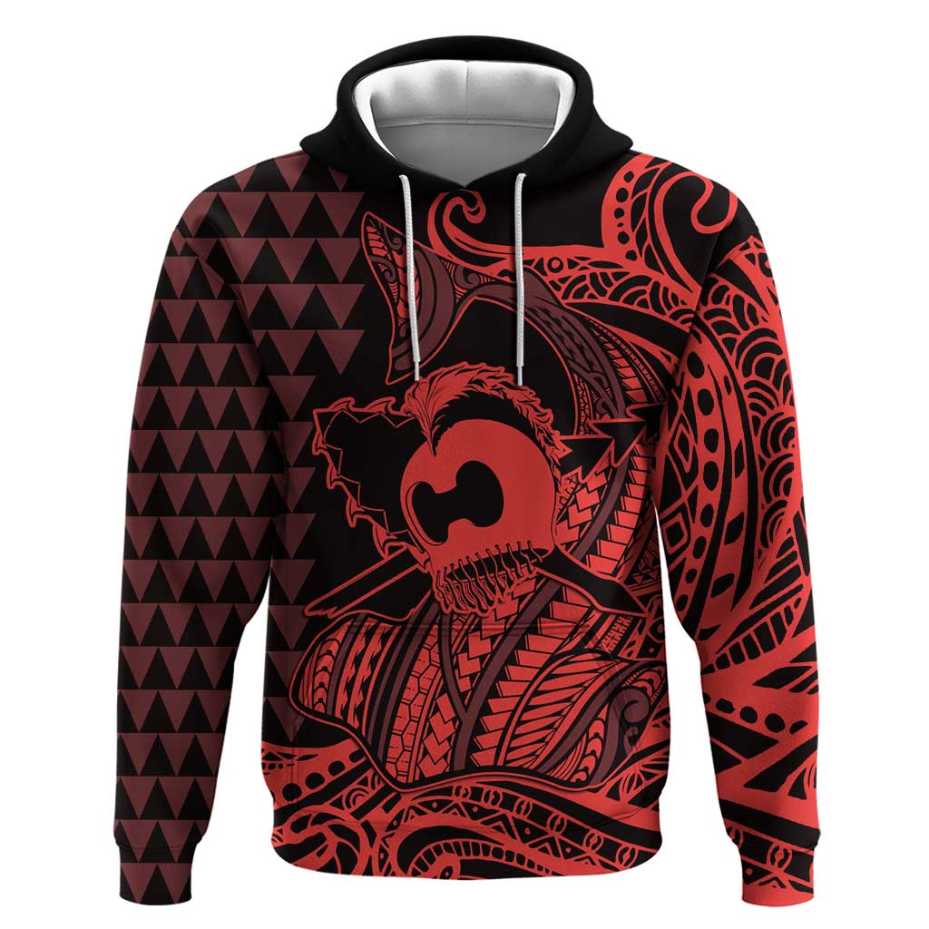 Koa Ikaika Warrior Helmet with Shark Zip Hoodie Red Kakau Style LT9 Pullover Hoodie Red - Polynesian Pride