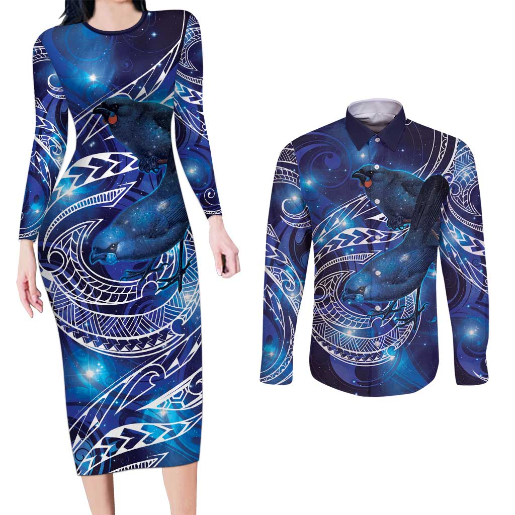 North Island Kokako and South Island Kokako Couples Matching Long Sleeve Bodycon Dress and Long Sleeve Button Shirt New Zealand Native Bird with Galaxy Vibe LT9 Galaxy - Polynesian Pride