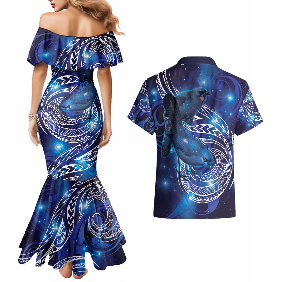 North Island Kokako and South Island Kokako Couples Matching Mermaid Dress and Hawaiian Shirt New Zealand Native Bird with Galaxy Vibe LT9 - Polynesian Pride