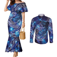 North Island Kokako and South Island Kokako Couples Matching Mermaid Dress and Long Sleeve Button Shirt New Zealand Native Bird with Galaxy Vibe LT9 Galaxy - Polynesian Pride