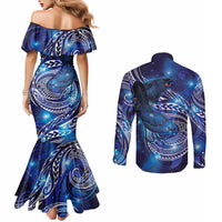 North Island Kokako and South Island Kokako Couples Matching Mermaid Dress and Long Sleeve Button Shirt New Zealand Native Bird with Galaxy Vibe LT9 - Polynesian Pride