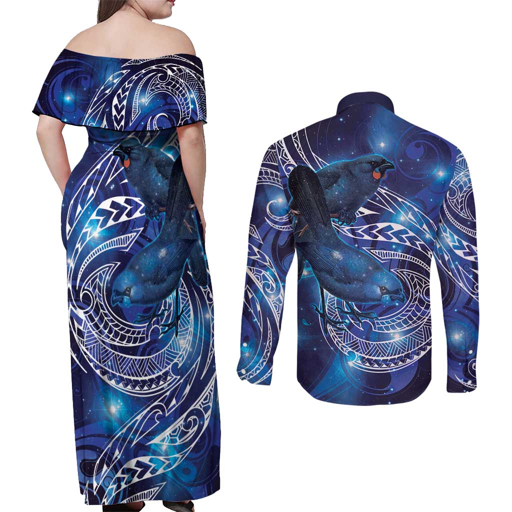 North Island Kokako and South Island Kokako Couples Matching Off Shoulder Maxi Dress and Long Sleeve Button Shirt New Zealand Native Bird with Galaxy Vibe LT9 - Polynesian Pride