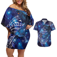 North Island Kokako and South Island Kokako Couples Matching Off Shoulder Short Dress and Hawaiian Shirt New Zealand Native Bird with Galaxy Vibe LT9 Galaxy - Polynesian Pride