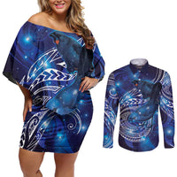 North Island Kokako and South Island Kokako Couples Matching Off Shoulder Short Dress and Long Sleeve Button Shirt New Zealand Native Bird with Galaxy Vibe LT9 Galaxy - Polynesian Pride