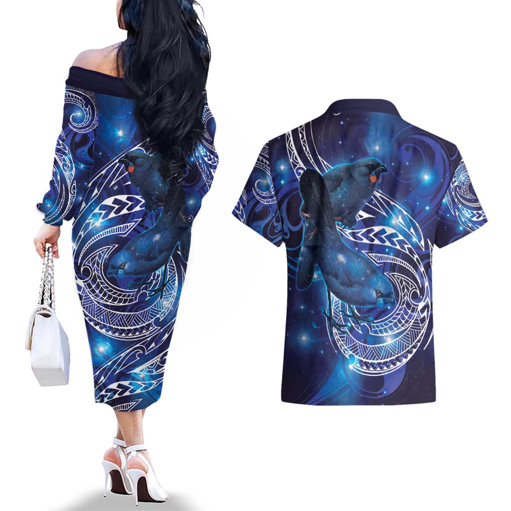 North Island Kokako and South Island Kokako Couples Matching Off The Shoulder Long Sleeve Dress and Hawaiian Shirt New Zealand Native Bird with Galaxy Vibe LT9 - Polynesian Pride