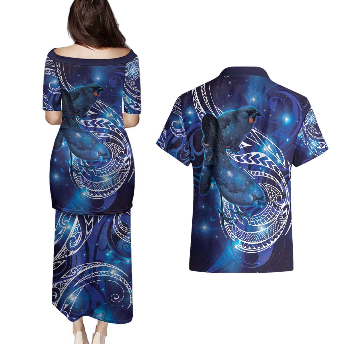 North Island Kokako and South Island Kokako Couples Matching Puletasi and Hawaiian Shirt New Zealand Native Bird with Galaxy Vibe LT9 - Polynesian Pride