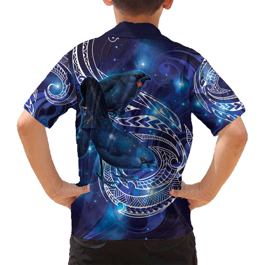 North Island Kokako and South Island Kokako Family Matching Long Sleeve Bodycon Dress and Hawaiian Shirt New Zealand Native Bird with Galaxy Vibe LT9 - Polynesian Pride