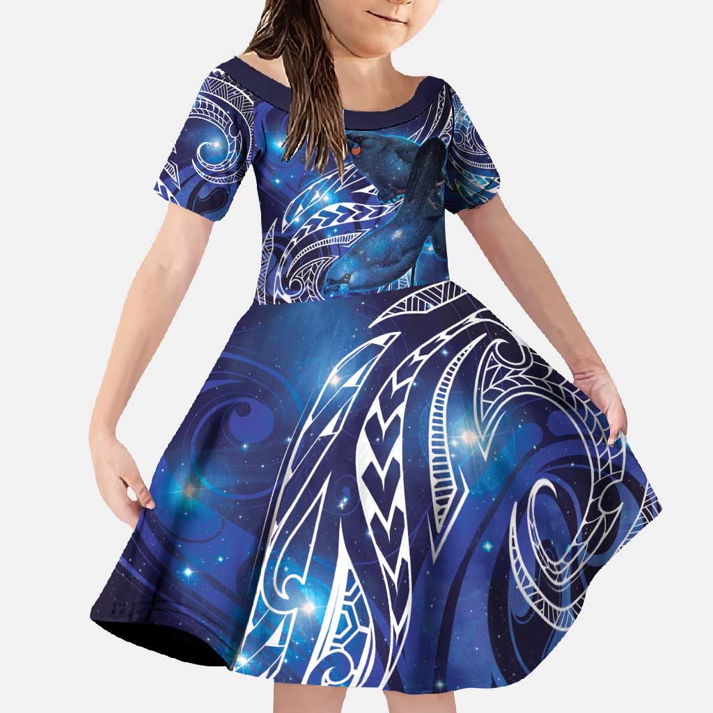 North Island Kokako and South Island Kokako Family Matching Long Sleeve Bodycon Dress and Hawaiian Shirt New Zealand Native Bird with Galaxy Vibe LT9 Daughter's Dress Galaxy - Polynesian Pride