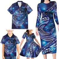 North Island Kokako and South Island Kokako Family Matching Long Sleeve Bodycon Dress and Hawaiian Shirt New Zealand Native Bird with Galaxy Vibe LT9 - Polynesian Pride