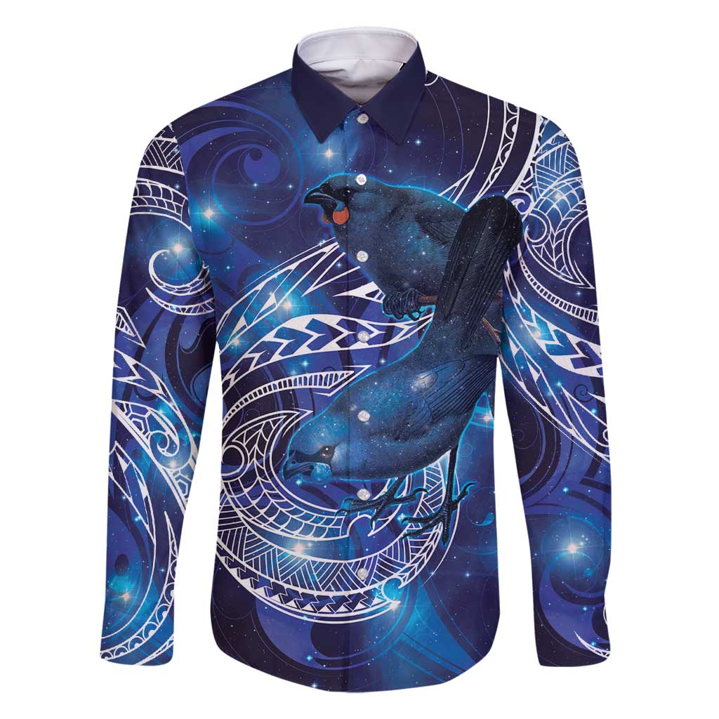 North Island Kokako and South Island Kokako Family Matching Long Sleeve Bodycon Dress and Hawaiian Shirt New Zealand Native Bird with Galaxy Vibe LT9 Dad's Shirt - Long Sleeve Galaxy - Polynesian Pride