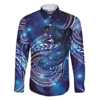 North Island Kokako and South Island Kokako Family Matching Long Sleeve Bodycon Dress and Hawaiian Shirt New Zealand Native Bird with Galaxy Vibe LT9 Dad's Shirt - Long Sleeve Galaxy - Polynesian Pride