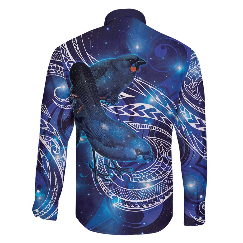 North Island Kokako and South Island Kokako Family Matching Long Sleeve Bodycon Dress and Hawaiian Shirt New Zealand Native Bird with Galaxy Vibe LT9 - Polynesian Pride