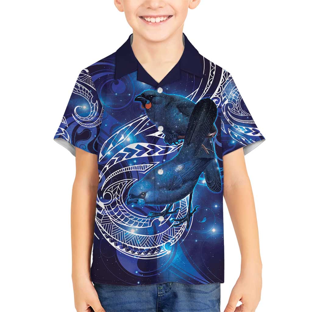 North Island Kokako and South Island Kokako Family Matching Long Sleeve Bodycon Dress and Hawaiian Shirt New Zealand Native Bird with Galaxy Vibe LT9 Son's Shirt Galaxy - Polynesian Pride