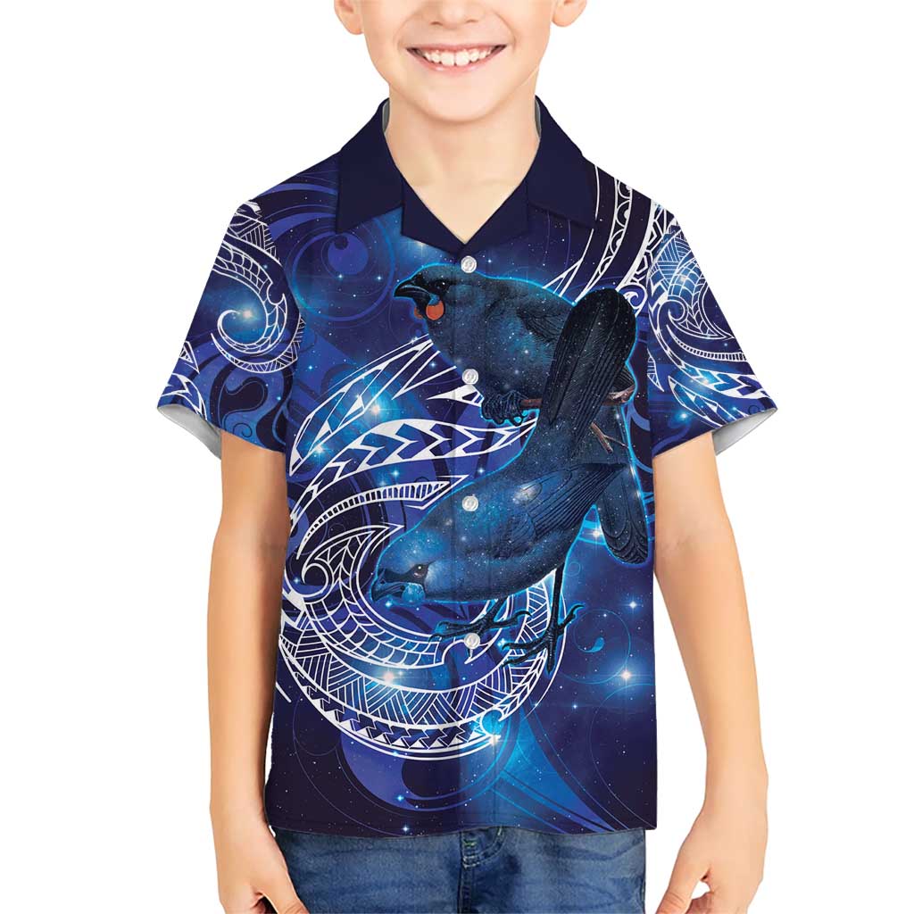 North Island Kokako and South Island Kokako Family Matching Short Sleeve Bodycon Dress and Hawaiian Shirt New Zealand Native Bird with Galaxy Vibe