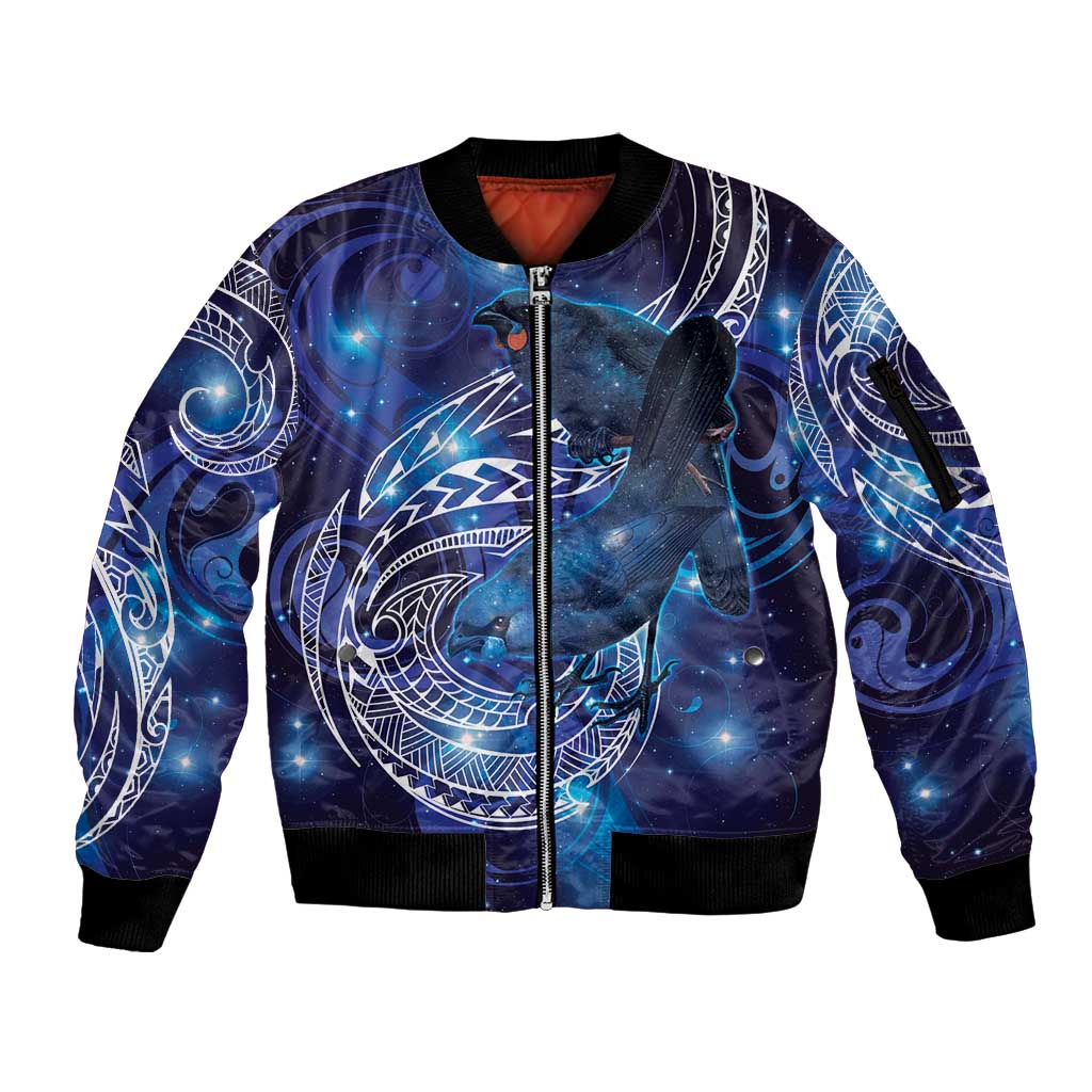 North Island Kokako and South Island Kokako Sleeve Zip Bomber Jacket New Zealand Native Bird with Galaxy Vibe