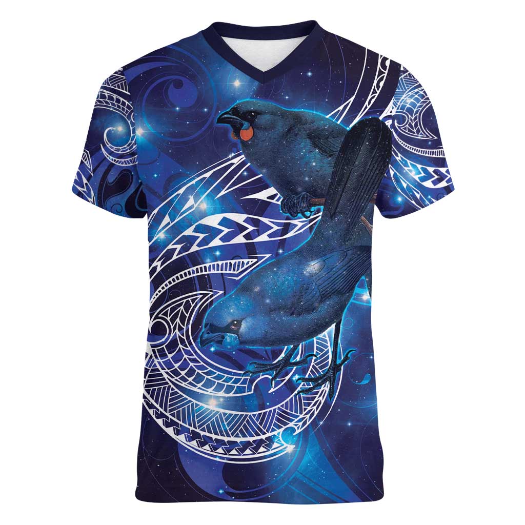 North Island Kokako and South Island Kokako Women V-Neck T-Shirt New Zealand Native Bird with Galaxy Vibe LT9 Female Galaxy - Polynesian Pride