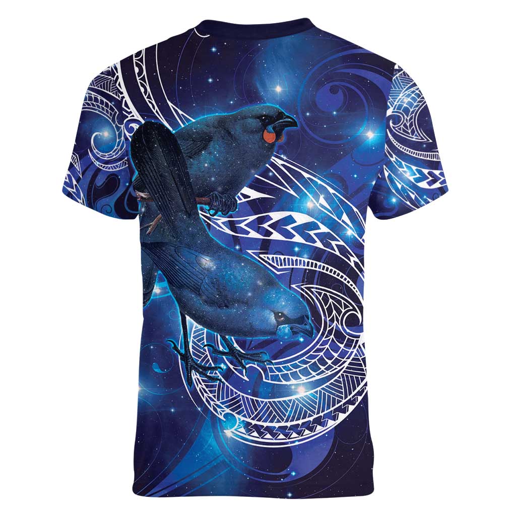 North Island Kokako and South Island Kokako Women V-Neck T-Shirt New Zealand Native Bird with Galaxy Vibe LT9 - Polynesian Pride