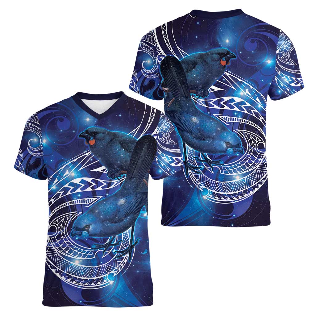 North Island Kokako and South Island Kokako Women V-Neck T-Shirt New Zealand Native Bird with Galaxy Vibe LT9 - Polynesian Pride