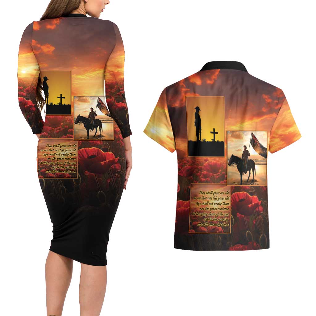 ANZAC Day Film Reel Lest We Forget Couples Matching Long Sleeve Bodycon Dress and Hawaiian Shirt Australia NZ Memorial LT9 - Polynesian Pride