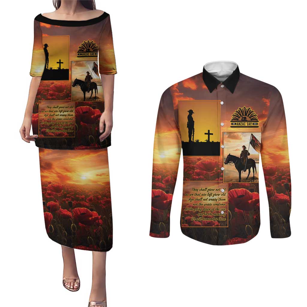 ANZAC Day Film Reel Lest We Forget Couples Matching Puletasi and Long Sleeve Button Shirt Australia NZ Memorial LT9 Red - Polynesian Pride