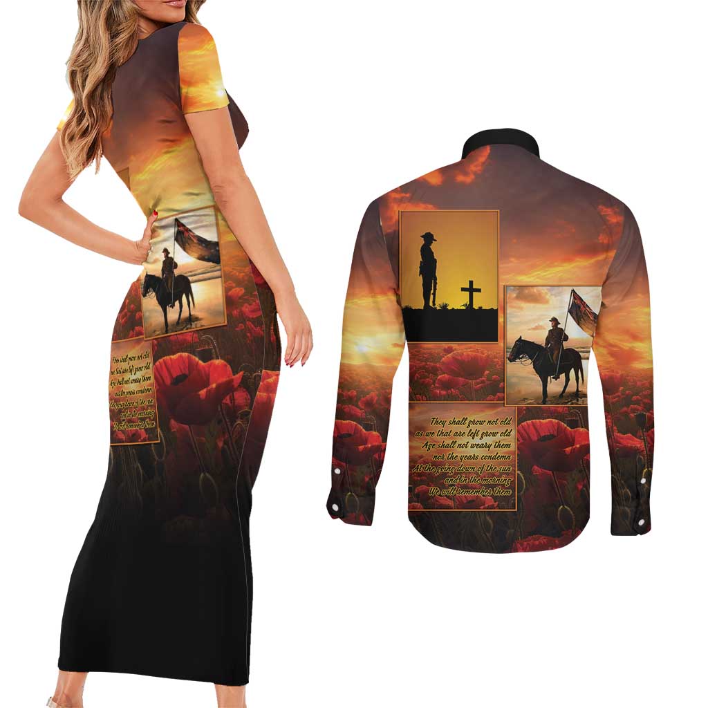 ANZAC Day Film Reel Lest We Forget Couples Matching Short Sleeve Bodycon Dress and Long Sleeve Button Shirt Australia NZ Memorial LT9 - Polynesian Pride