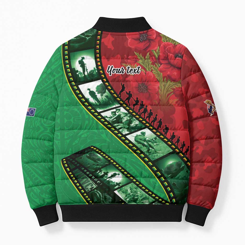 Personalised Cook Islands ANZAC 1915-2026 Filmstrip Bomber Puffer Jacket Lest We Forget 25 April