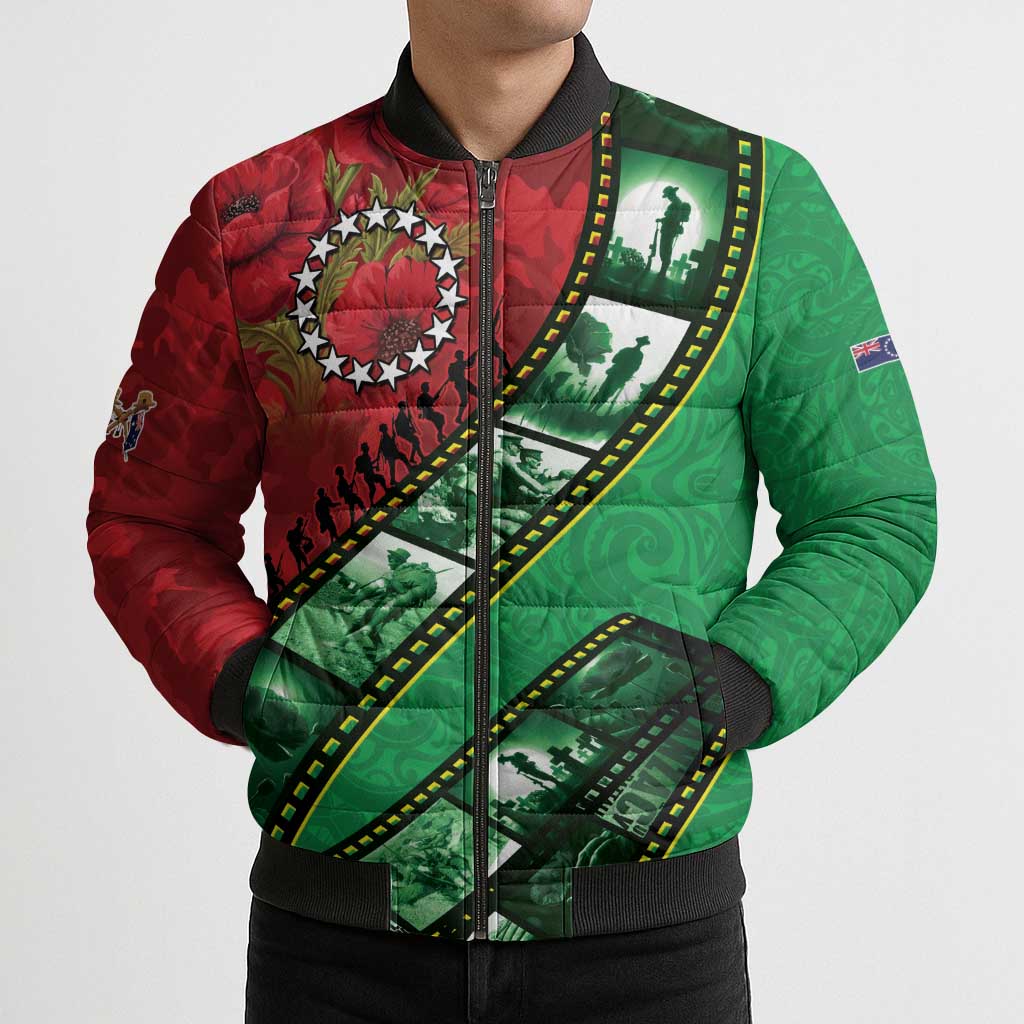 Personalised Cook Islands ANZAC 1915-2026 Filmstrip Bomber Puffer Jacket Lest We Forget 25 April