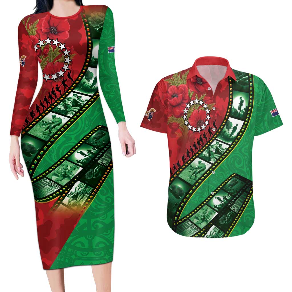 Personalised Cook Islands ANZAC 1915-2026 Filmstrip Couples Matching Long Sleeve Bodycon Dress and Hawaiian Shirt Lest We Forget 25 April LT9 Green - Polynesian Pride