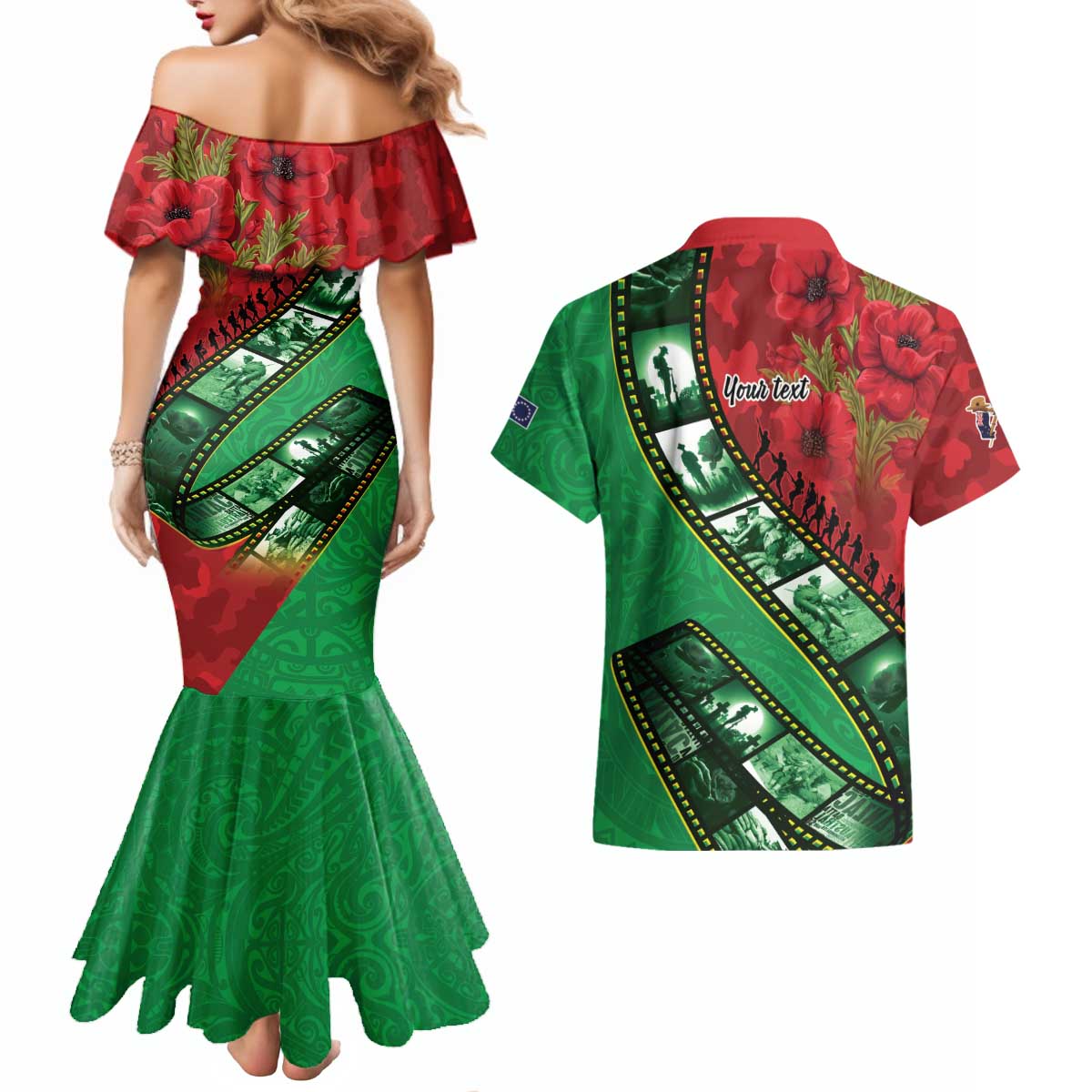 Personalised Cook Islands ANZAC 1915-2026 Filmstrip Couples Matching Mermaid Dress and Hawaiian Shirt Lest We Forget 25 April LT9 - Polynesian Pride