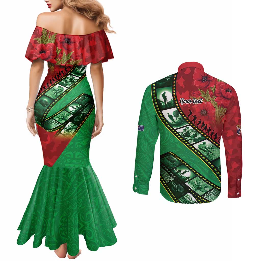 Personalised Cook Islands ANZAC 1915-2026 Filmstrip Couples Matching Mermaid Dress and Long Sleeve Button Shirt Lest We Forget 25 April LT9 - Polynesian Pride